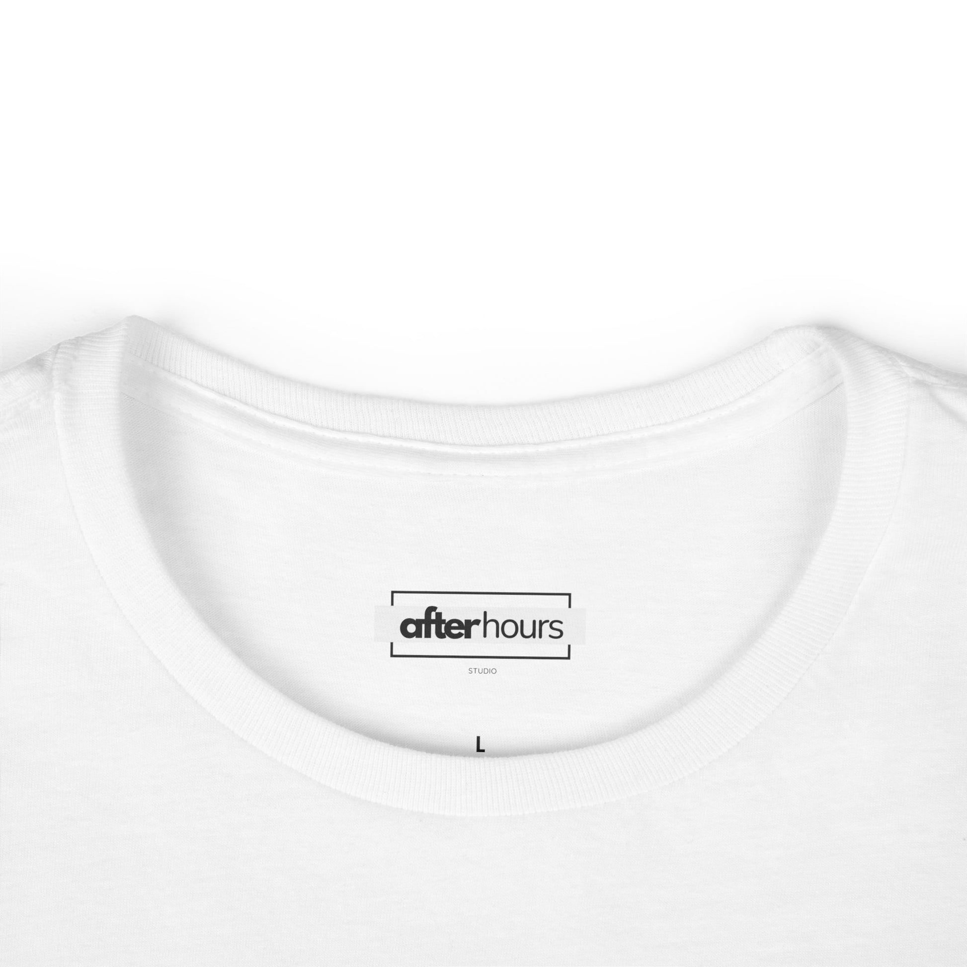  close-up of the after hours logo on white T-shirt