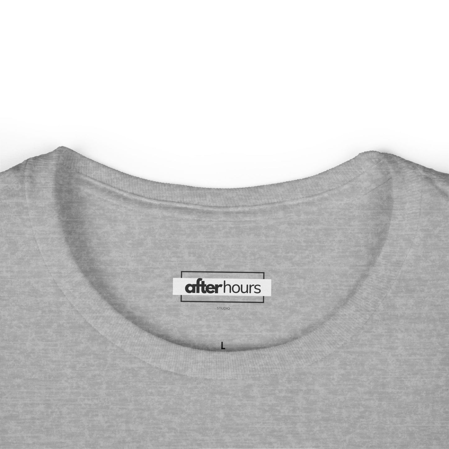 Gray shirt with 'after hours' logo on a white background
