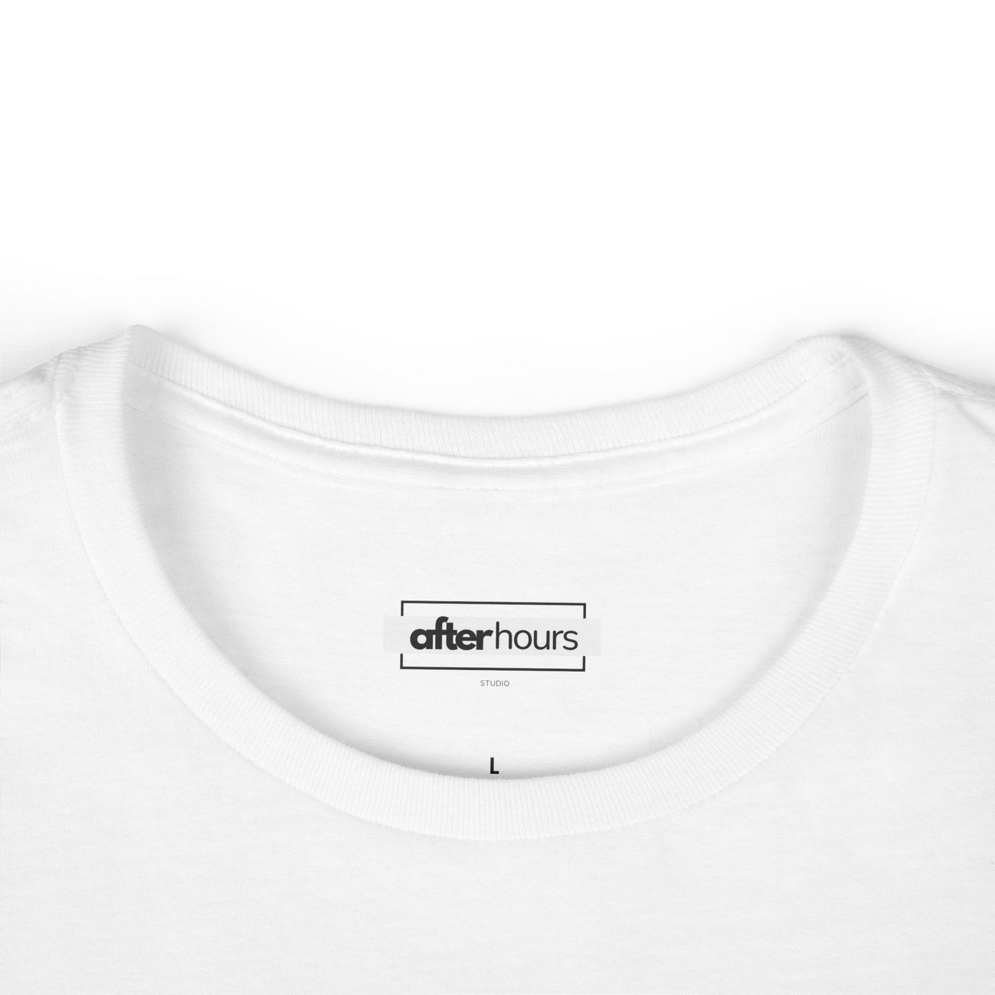 White t-shirt with 'after hours' logo on a white background
