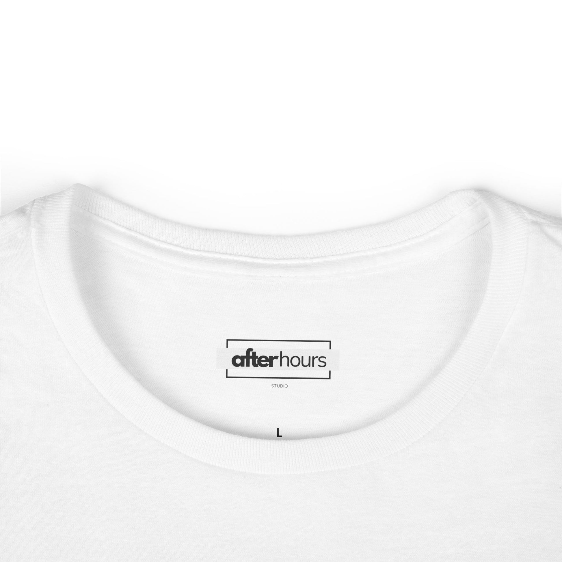 White t-shirt with 'after hours' logo on a white background